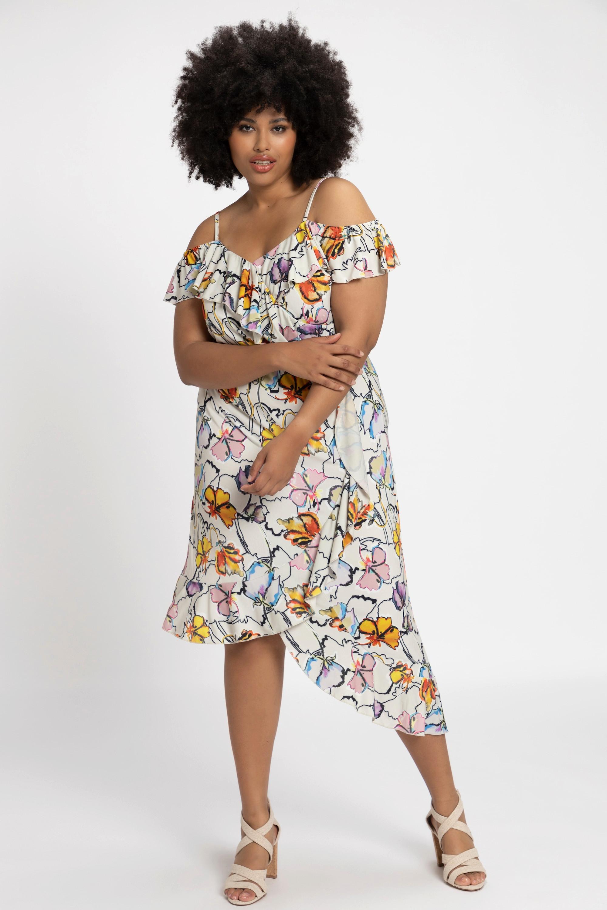 Ulla Popken  Robe midi, épaules dénudées, imprimé floral, ruché 