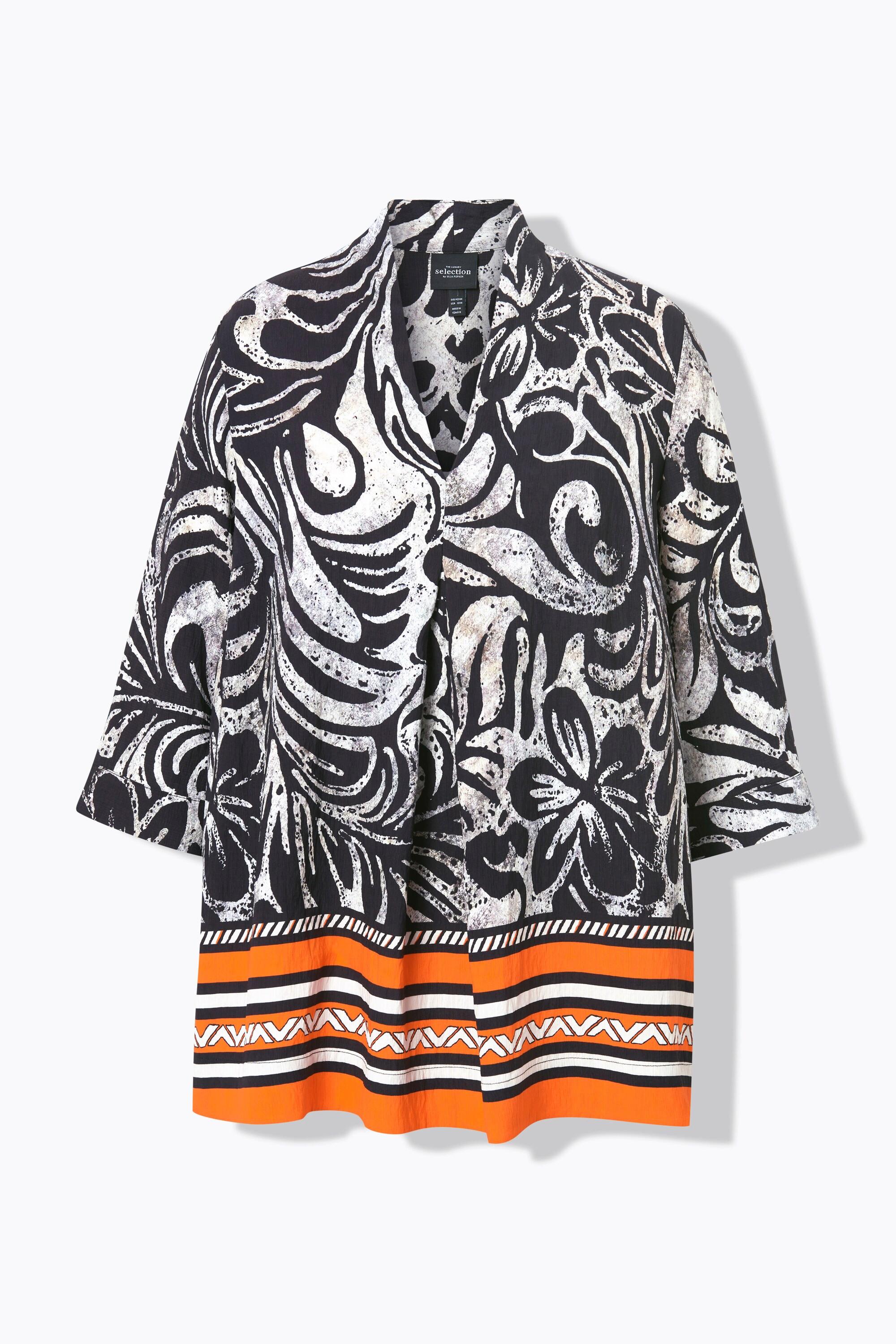 Ulla Popken Tunica Taglio Svasato Fiori Scollo Montante Maniche 3/4  