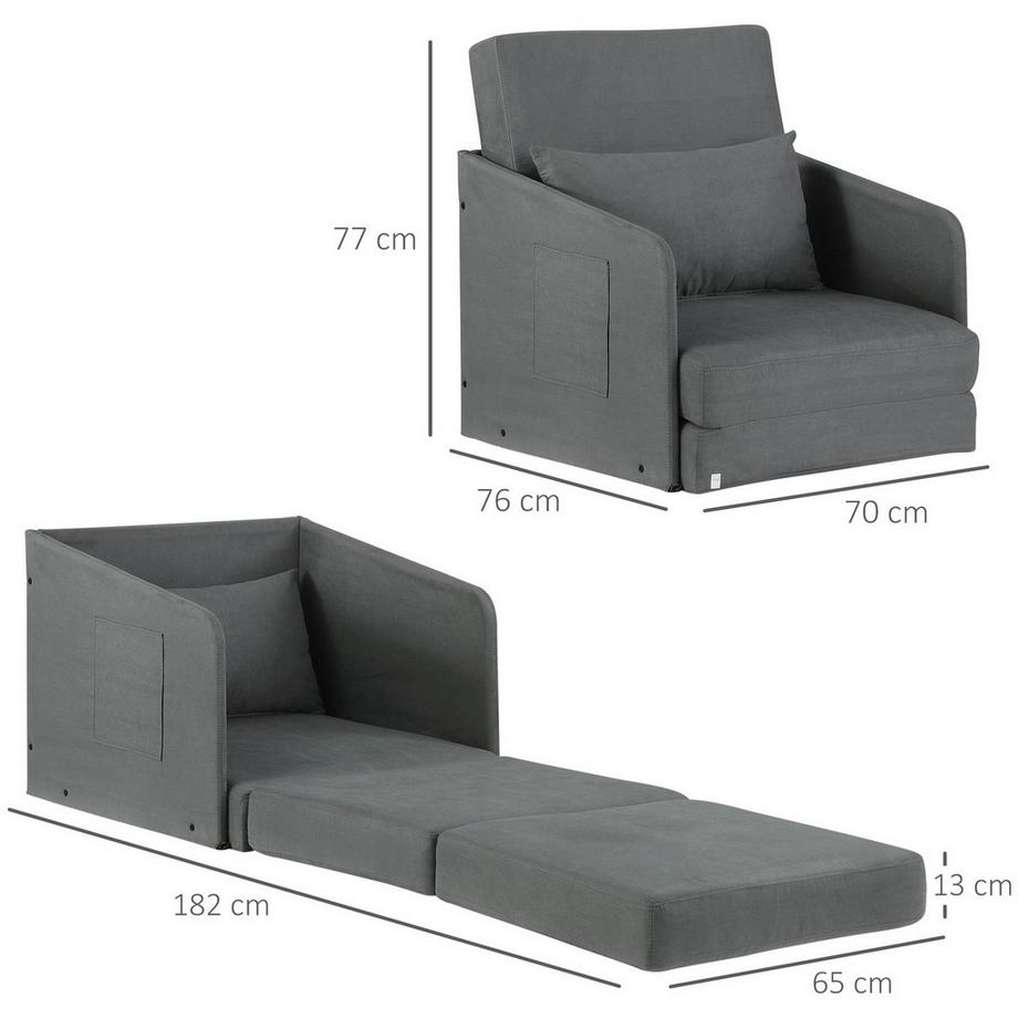 Northio Schlafsofa 70X76X77Cm Sofabett, Einzelsofa Mit Waschbarem Bezug, 2 Seitentaschen, Kissen, Metall, Grau  