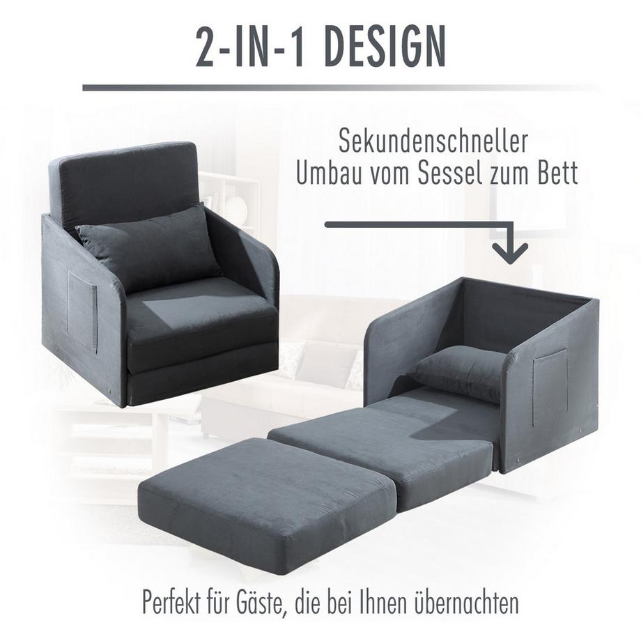 Northio Schlafsofa 70X76X77Cm Sofabett, Einzelsofa Mit Waschbarem Bezug, 2 Seitentaschen, Kissen, Metall, Grau  