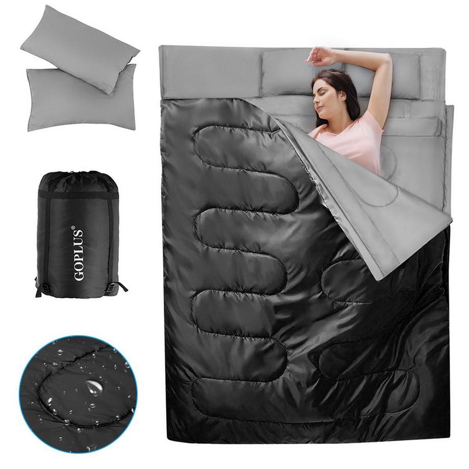 Northix  Goplus Doppelschlafsack 2 Personen XL Deckenschlafsack Schlafsack mit 2 Kissen Schwarz 220 x150 cm 