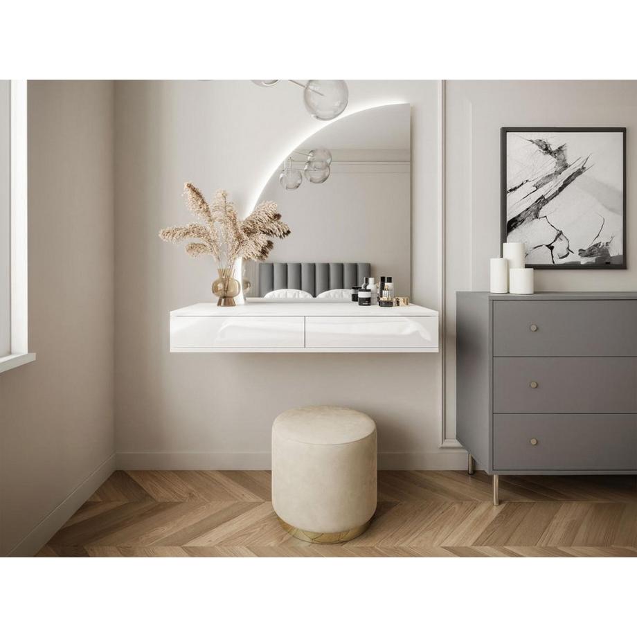 Vente-unique  Coiffeuse suspendue avec miroir à LEDs - 2 tiroirs - Blanc brillant - JINEZA 