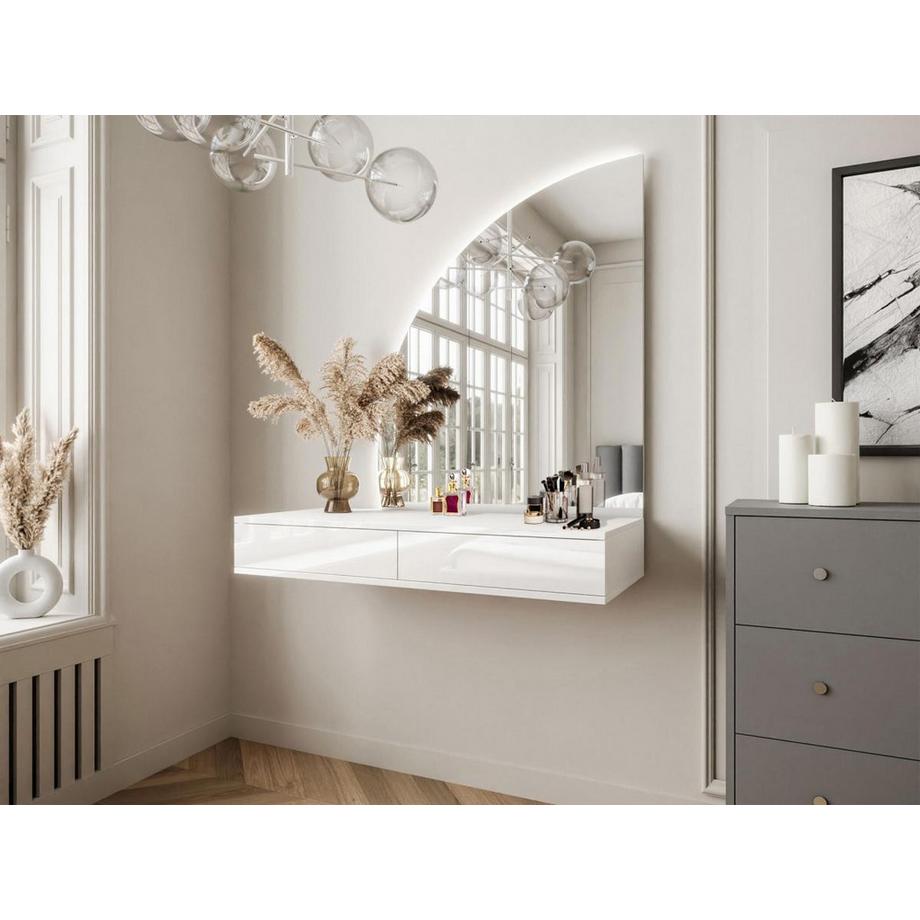 Vente-unique  Coiffeuse suspendue avec miroir à LEDs - 2 tiroirs - Blanc brillant - JINEZA 