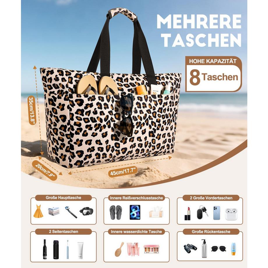 Only-bags.store Grosse Strandtasche mit Reissverschluss wasserdicht sandfest Umhängetasche  