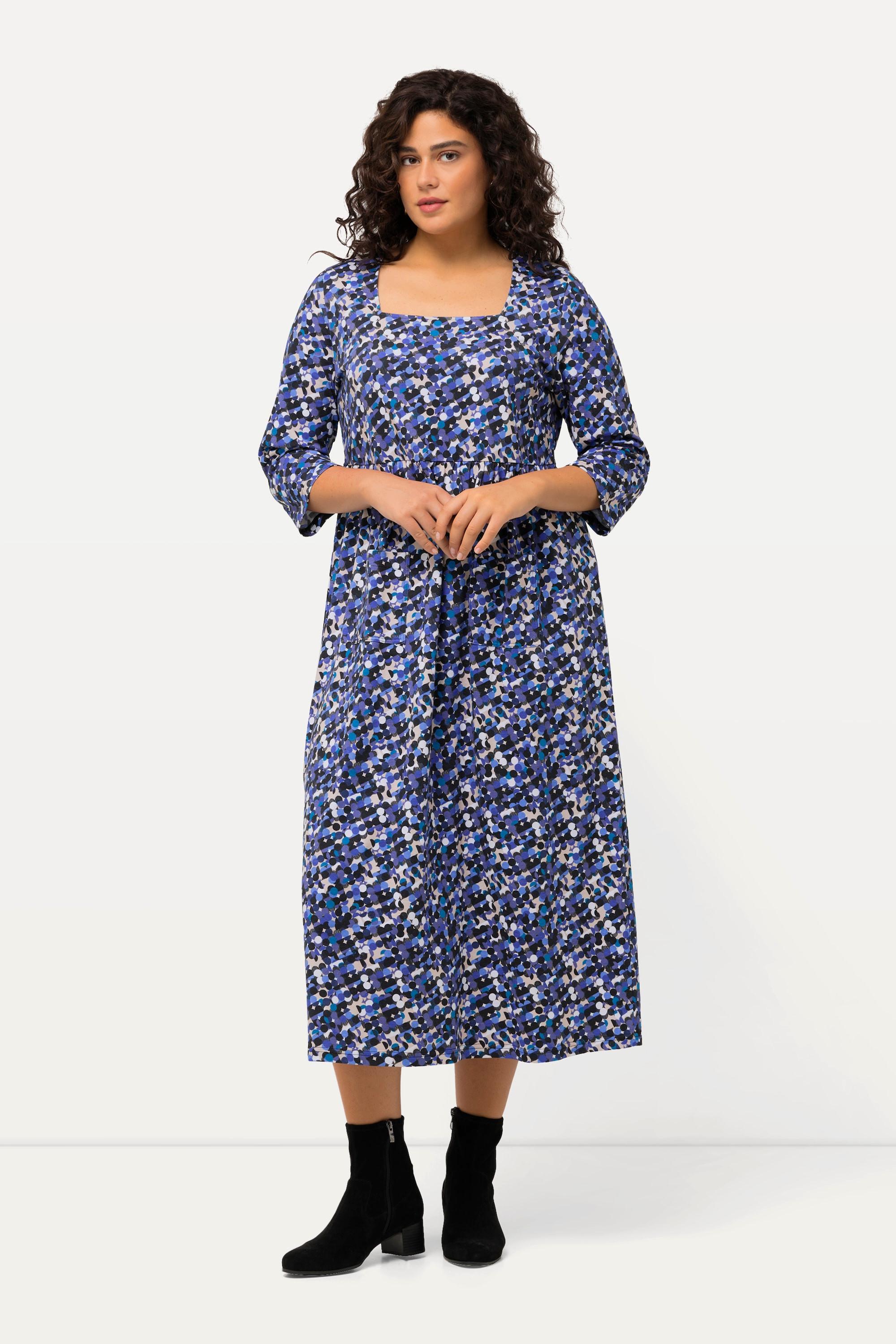 Ulla Popken  Robe en jersey, imprimé points multicolores. Encolure carrée et manches 3/4. 