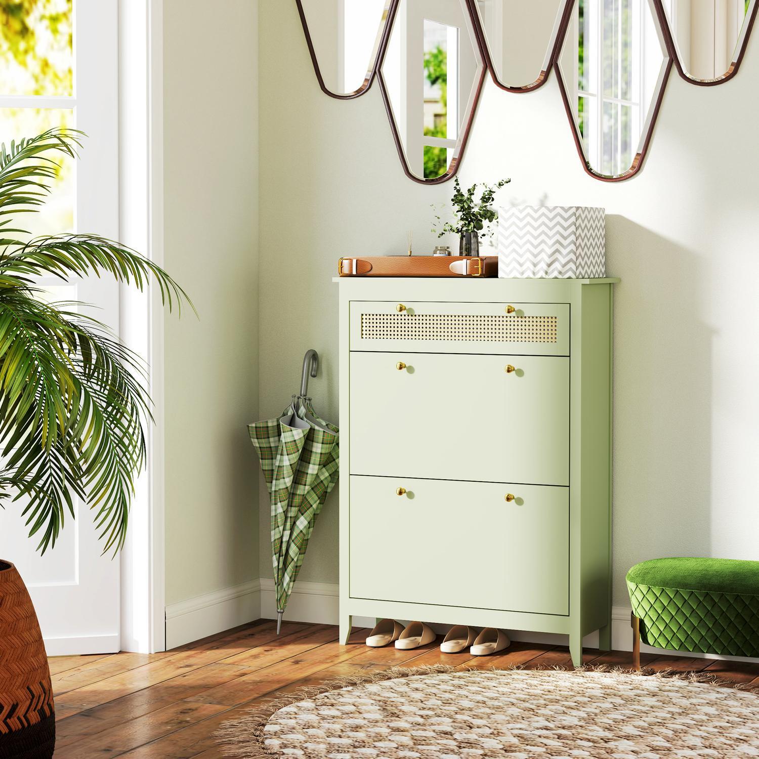 Northio Schuhschrank mit 2 Klappen Schuhkipper mit Schublade, Schuhregal, Schuhkommode für 12 Paar Schuhe Schuhablage für Eingangsbereich, Flur 88 x 30 x 120 cm, Grün Aosom  