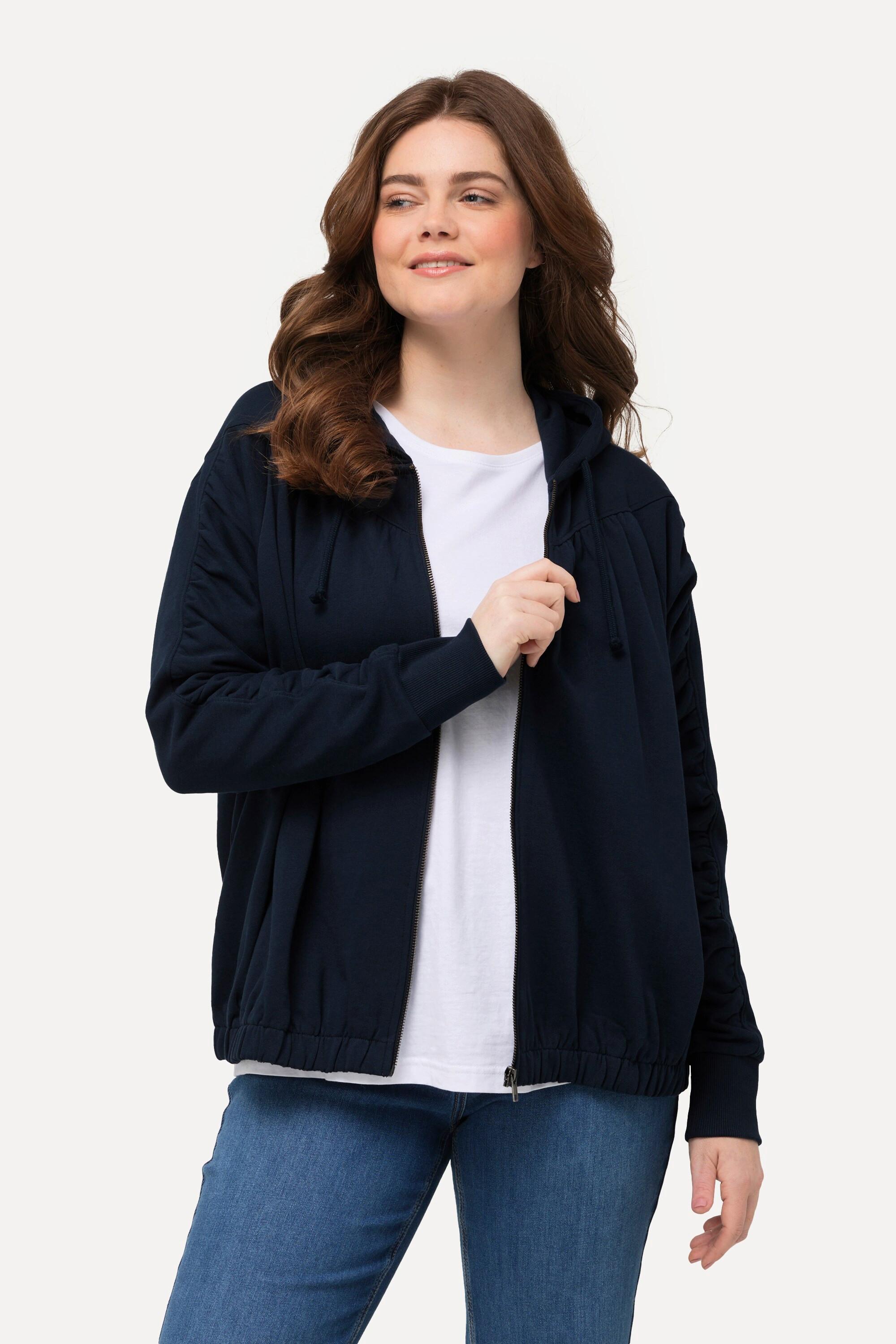 Ulla Popken  Hoodie-Jacke, gekräuselte Quernaht, Kapuze, Biobaumwolle 