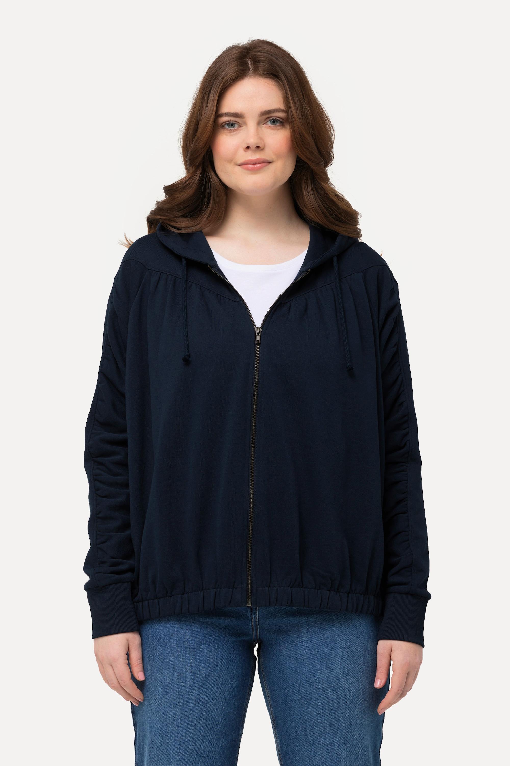 Ulla Popken  Hoodie-Jacke, gekräuselte Quernaht, Kapuze, Biobaumwolle 