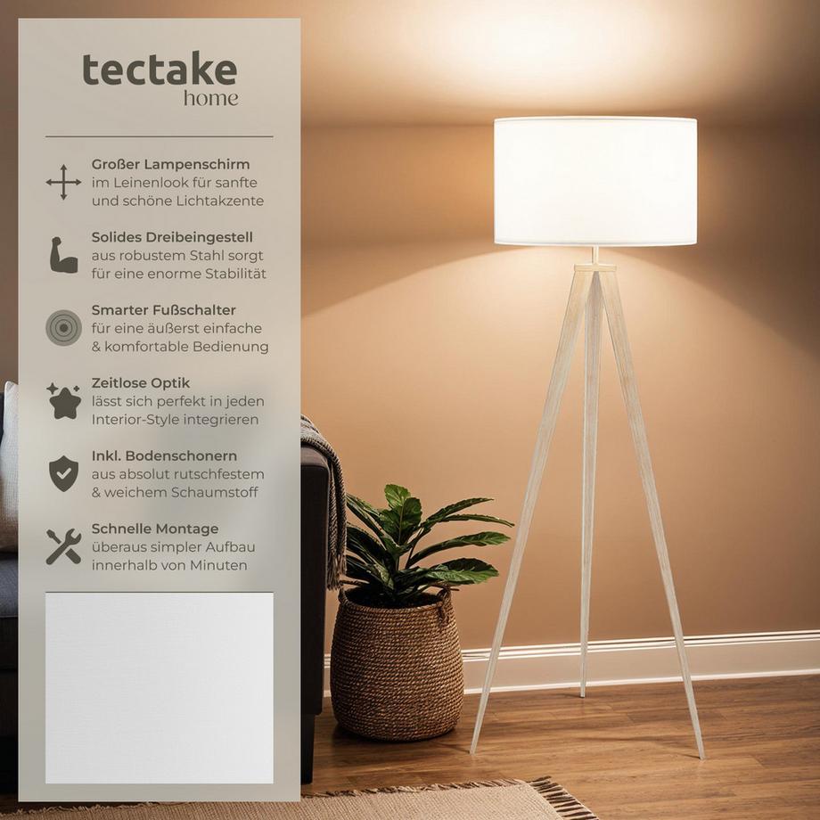 Tectake  Stehleuchte Lunaris Dreibeingestell aus Stahl, 60 W Texttillampenschirm in Leinenoptik 
