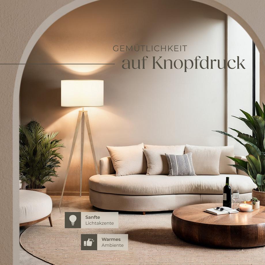 Tectake  Stehleuchte Lunaris Dreibeingestell aus Stahl, 60 W Texttillampenschirm in Leinenoptik 