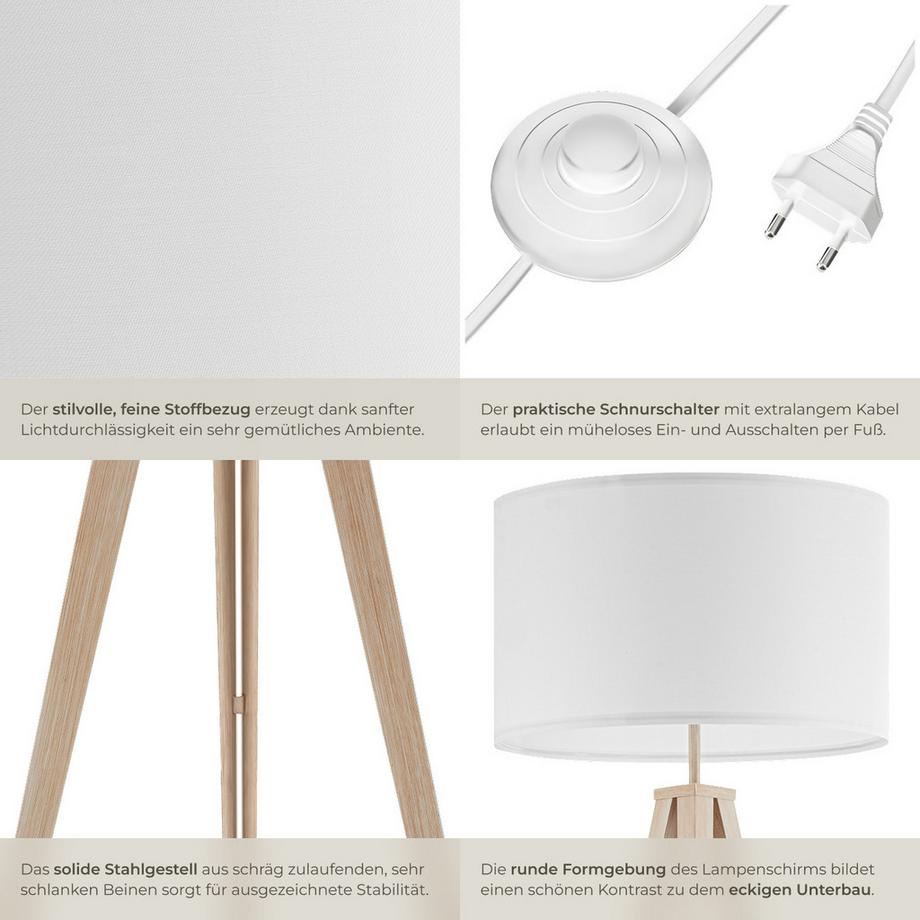 Tectake  Stehleuchte Lunaris Dreibeingestell aus Stahl, 60 W Texttillampenschirm in Leinenoptik 