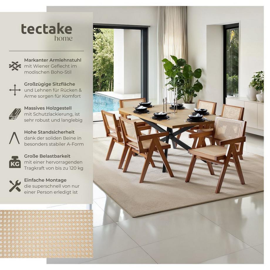 Tectake Armlehnstuhl Lissy Boho-Stil große Rückenlehne und Sitzfläche mit Wiener Geflecht pro Stück  