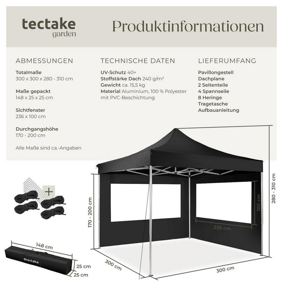 Tectake Pavillon Olivia 3 x 3 m, mit Aluminiumgestell wasserdicht  