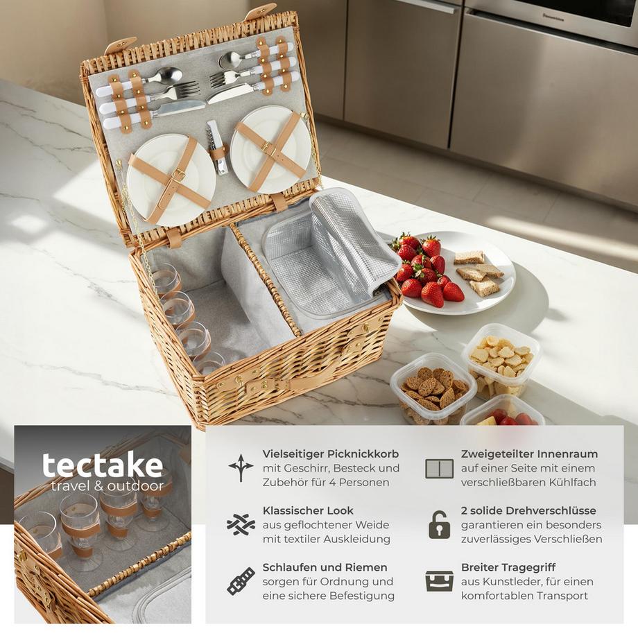 Tectake  Picknickkorb Föhr für 4 Personen integriertes Kühlfach 