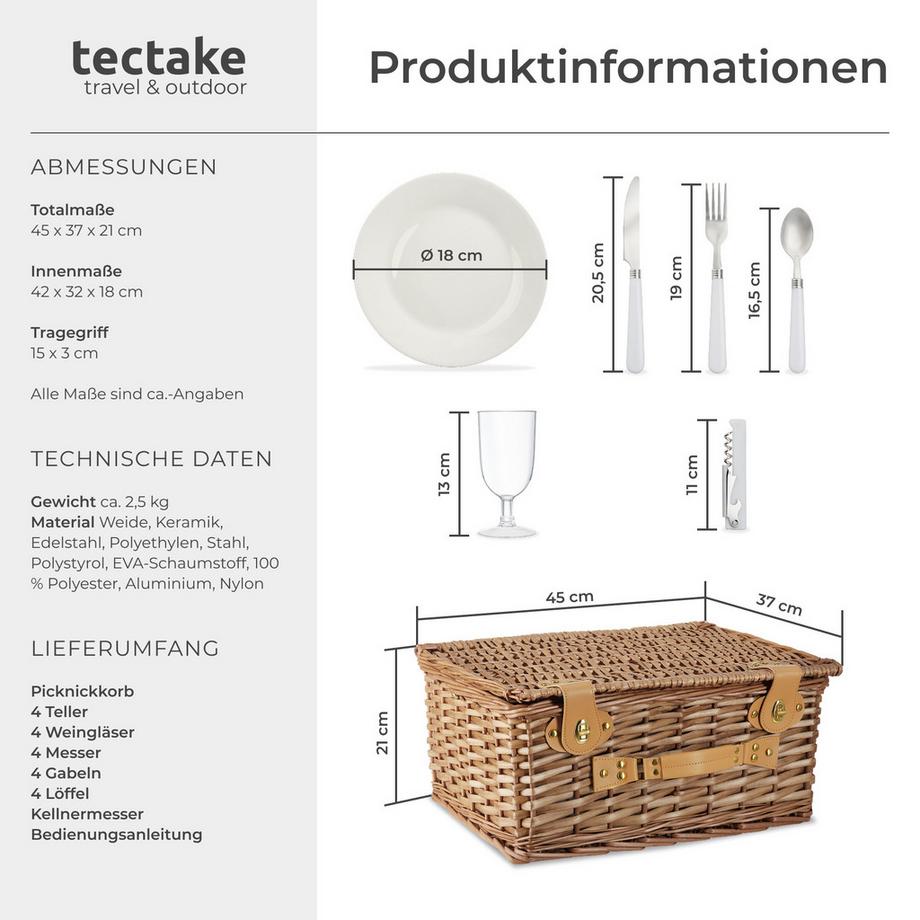 Tectake  Picknickkorb Föhr für 4 Personen integriertes Kühlfach 