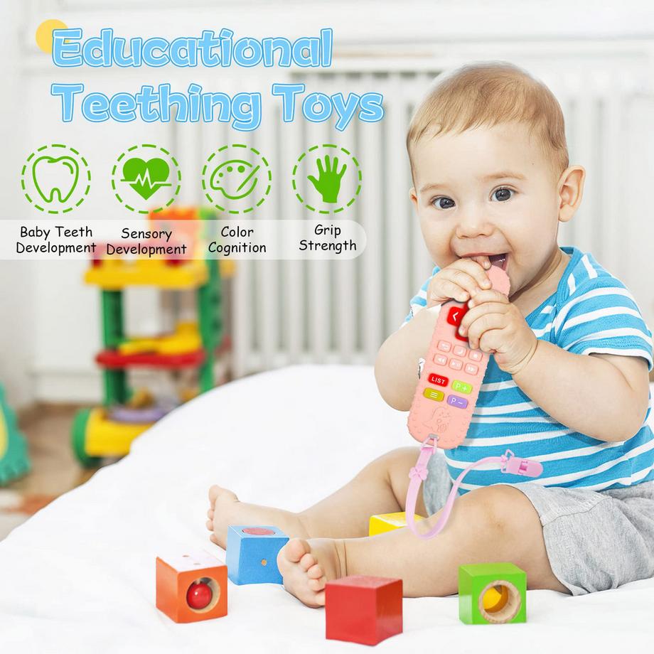 Activity-board  Dentition pour bébé avec télécommande, aide à la dentition en silicone sans BPA avec chaîne de tétine en silicone pour bébé 