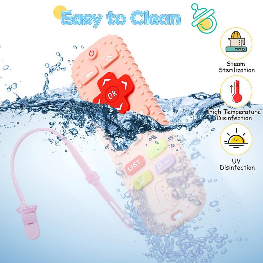 Activity-board  Dentition pour bébé avec télécommande, aide à la dentition en silicone sans BPA avec chaîne de tétine en silicone pour bébé 
