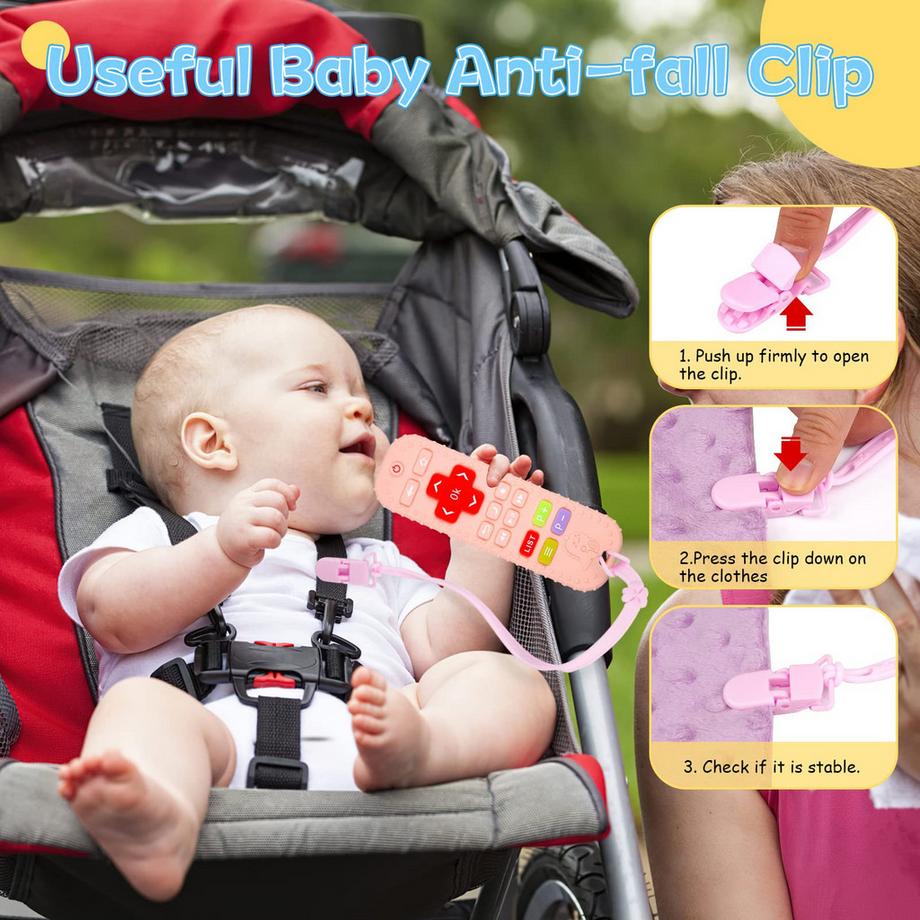 Activity-board  Dentition pour bébé avec télécommande, aide à la dentition en silicone sans BPA avec chaîne de tétine en silicone pour bébé 