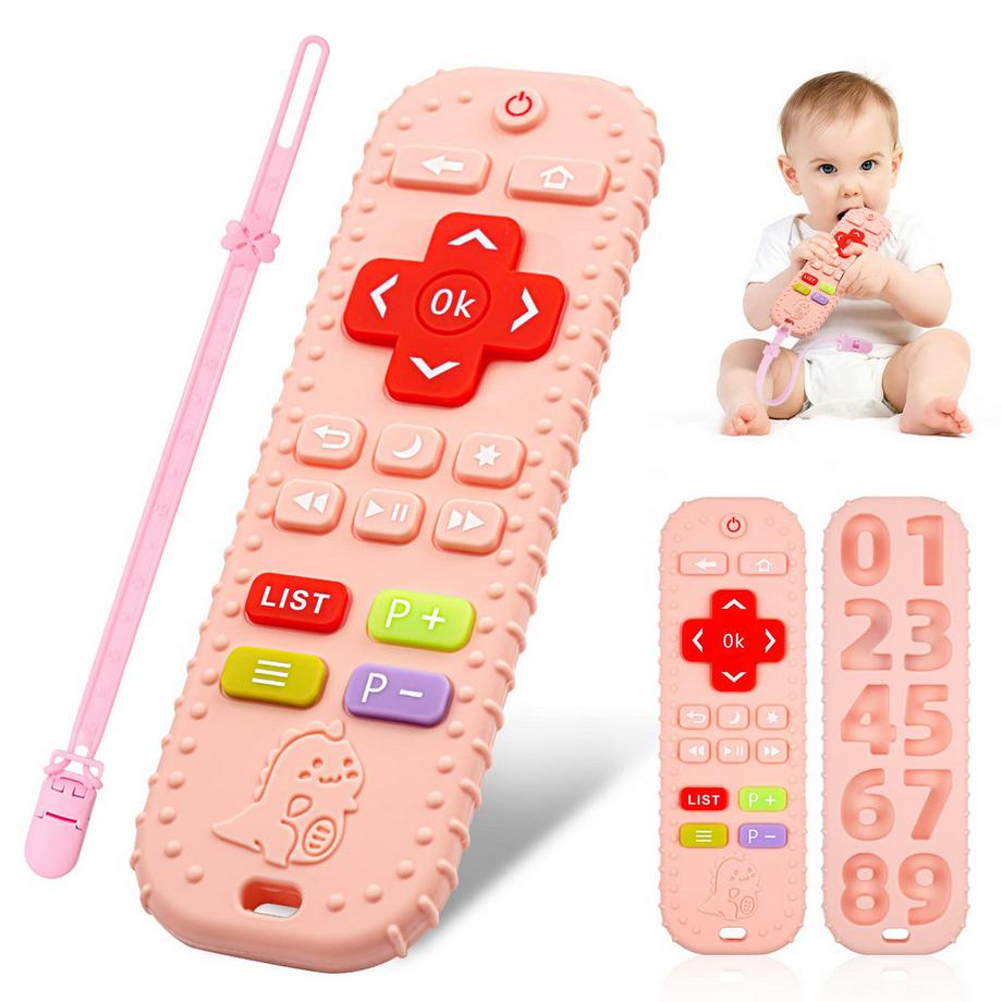 Dentition pour bébé avec télécommande, aide à la dentition en silicone sans BPA avec chaîne de tétine en silicone pour bébé