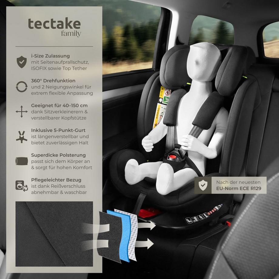 Tectake  Drehbarer Autositz Linus i-Size Zulassung, ISOFIX-Installation und Top Tether, mit Seitenaufprallschutz 360° drehbar mit 2 Neigungswinkeln, als Reboarder verwendbar 