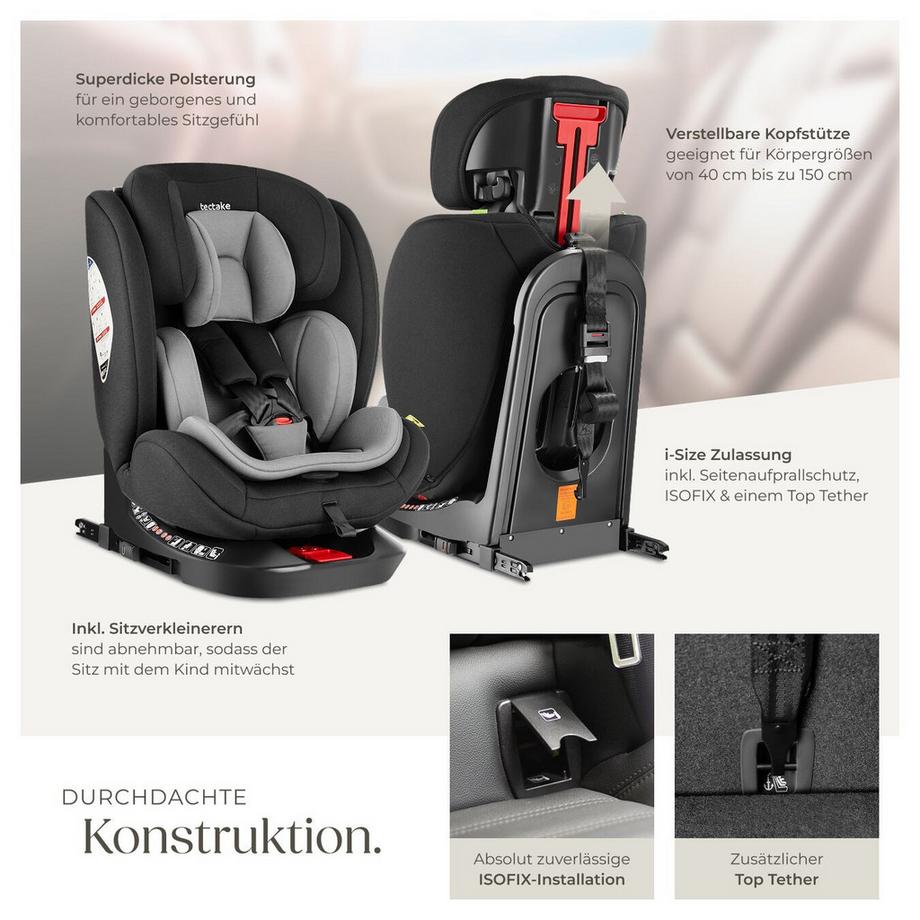 Tectake  Drehbarer Autositz Linus i-Size Zulassung, ISOFIX-Installation und Top Tether, mit Seitenaufprallschutz 360° drehbar mit 2 Neigungswinkeln, als Reboarder verwendbar 