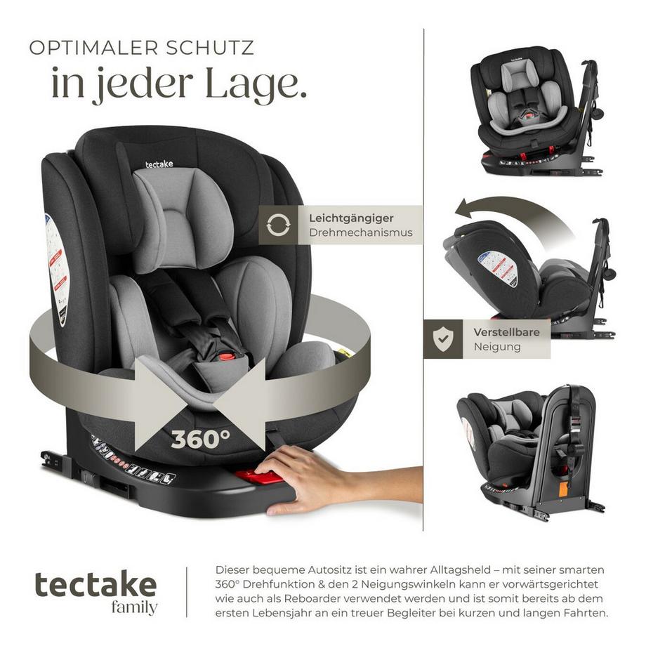 Tectake  Drehbarer Autositz Linus i-Size Zulassung, ISOFIX-Installation und Top Tether, mit Seitenaufprallschutz 360° drehbar mit 2 Neigungswinkeln, als Reboarder verwendbar 
