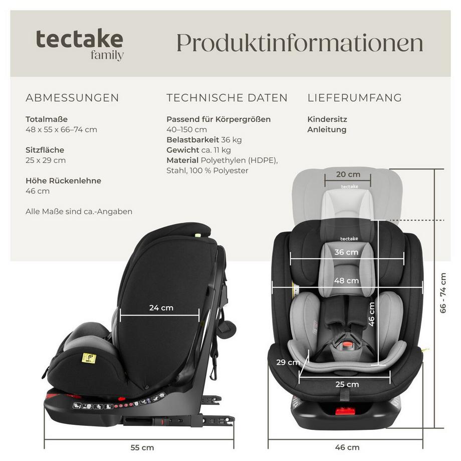 Tectake  Drehbarer Autositz Linus i-Size Zulassung, ISOFIX-Installation und Top Tether, mit Seitenaufprallschutz 360° drehbar mit 2 Neigungswinkeln, als Reboarder verwendbar 