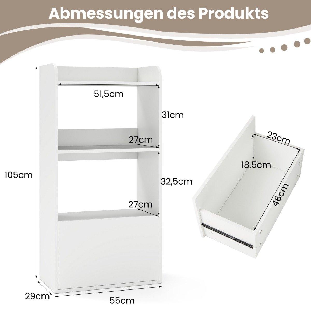 B2X Bücherregal mit Schublade Standregal mit 2 Fächern Büroregal aus Holz 55 x 29 x 105 cm Weiß  
