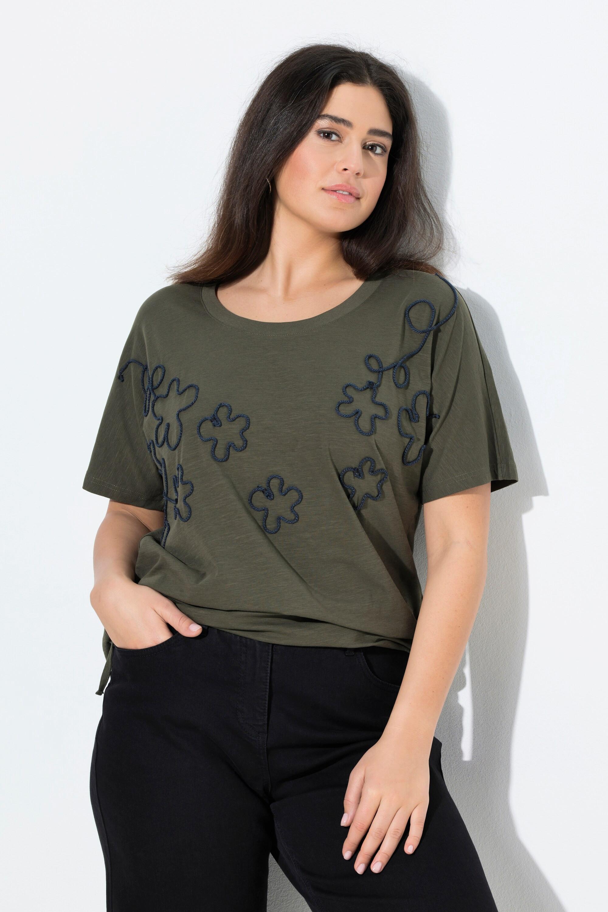 Ulla Popken T-shirt Oversize Girocollo Floreale con Fascia sull'Orlo  