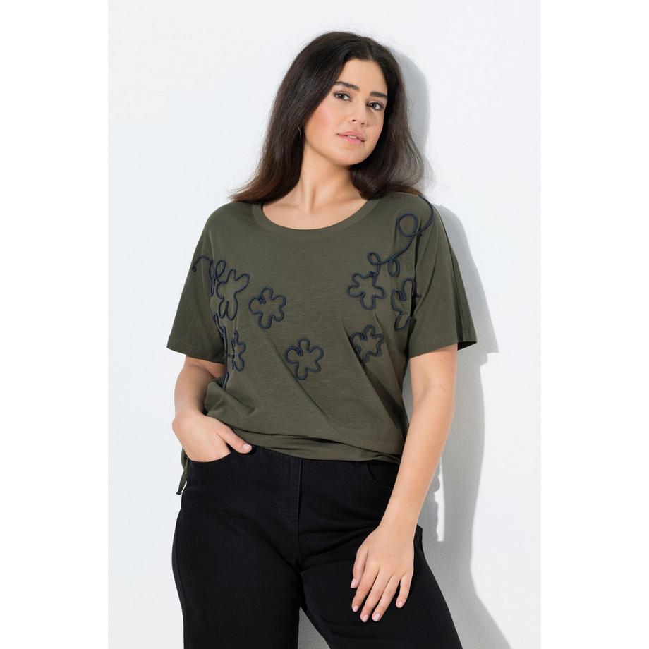 Ulla Popken T-shirt Oversized Col Rond Floral avec Cordon à la Base  