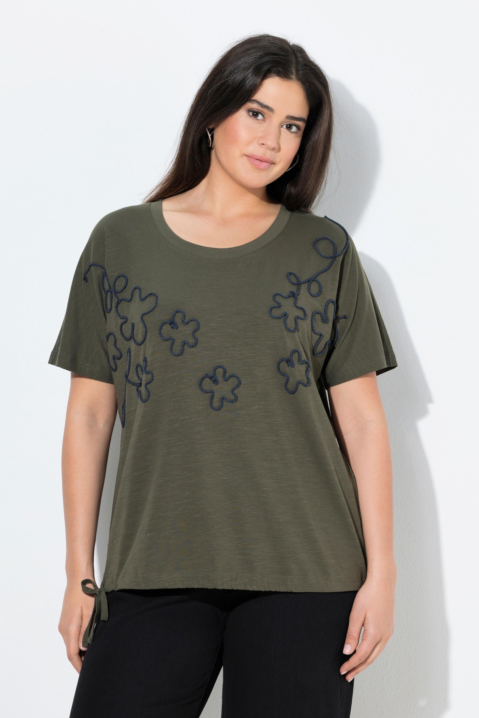 Ulla Popken T-shirt Oversize Girocollo Floreale con Fascia sull'Orlo  