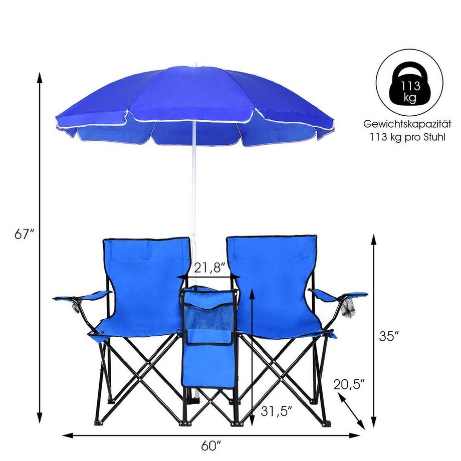 Northix  Chaise de camping pliante avec parasol pour 2 personnes, chaise pliante pour couples, chaise de pêche double, pliable avec porte-gobelet, sac isotherme, bleu 