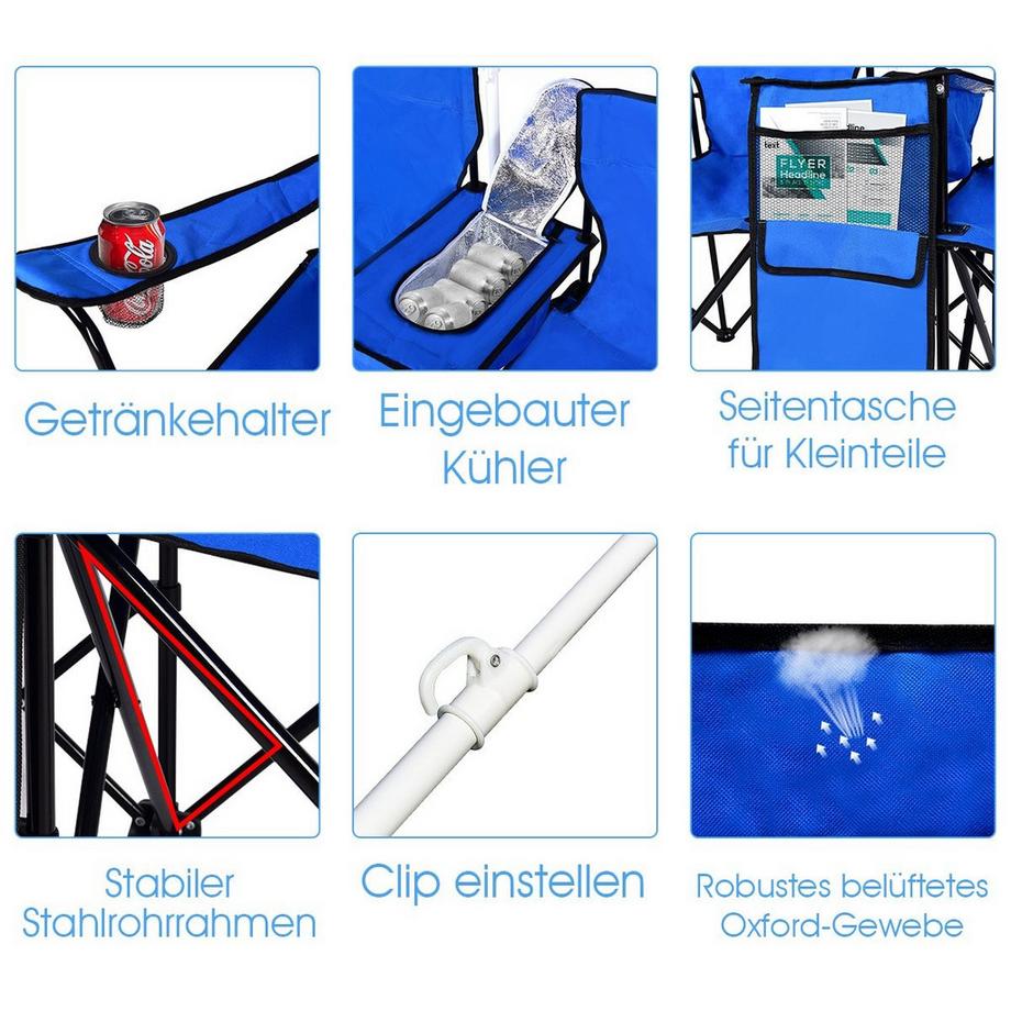 Northix  Chaise de camping pliante avec parasol pour 2 personnes, chaise pliante pour couples, chaise de pêche double, pliable avec porte-gobelet, sac isotherme, bleu 