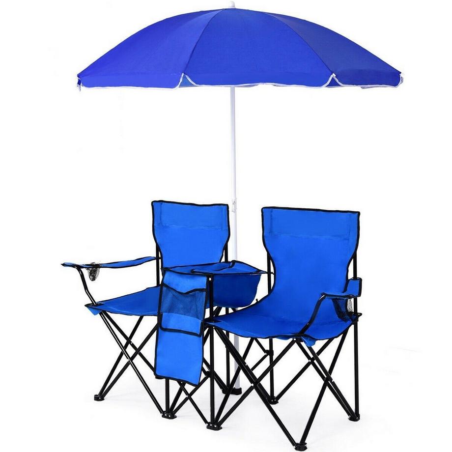 Northix  Chaise de camping pliante avec parasol pour 2 personnes, chaise pliante pour couples, chaise de pêche double, pliable avec porte-gobelet, sac isotherme, bleu 