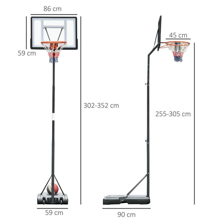 Northio  Mobiler Basketballständer Basketballkorb mit höhenverstellbarem Ständer, Stahl+Kunststoff, Schwarz, 90 x 165 x 302-352 cm 