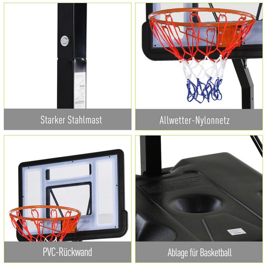 Northio  Mobiler Basketballständer Basketballkorb mit höhenverstellbarem Ständer, Stahl+Kunststoff, Schwarz, 90 x 165 x 302-352 cm 