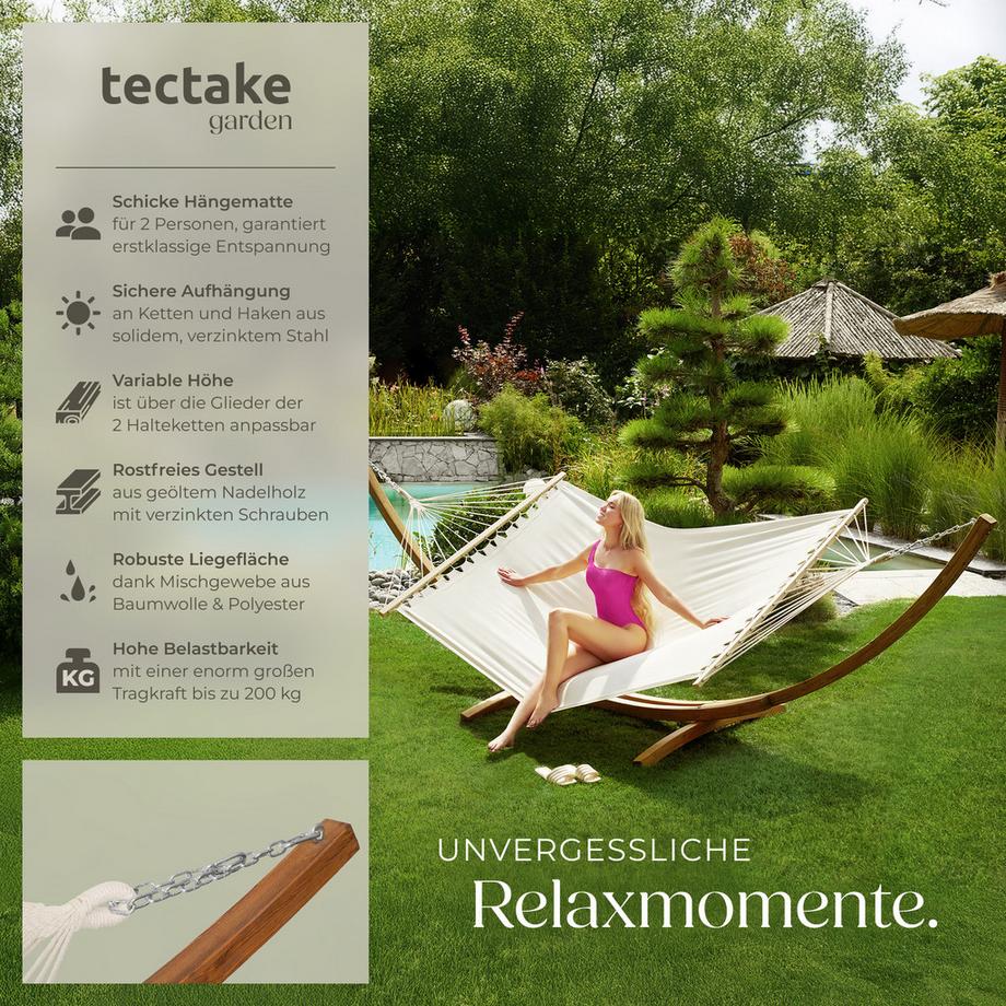 Tectake Hängematte Thorsten mit Holzgestell, für 2 Personen höhenverstellbar, strapazierfähiger Stoff  
