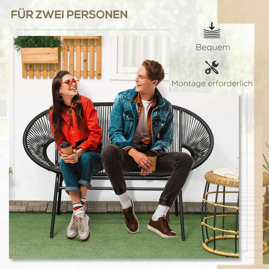 Northio Polyrattan Sitzbank 2-Sitzer Rattanbank Gartenbank, Balkonbank Bis 260 Kg, Schwarz, Stahl, Für Terrasse & Balkon  