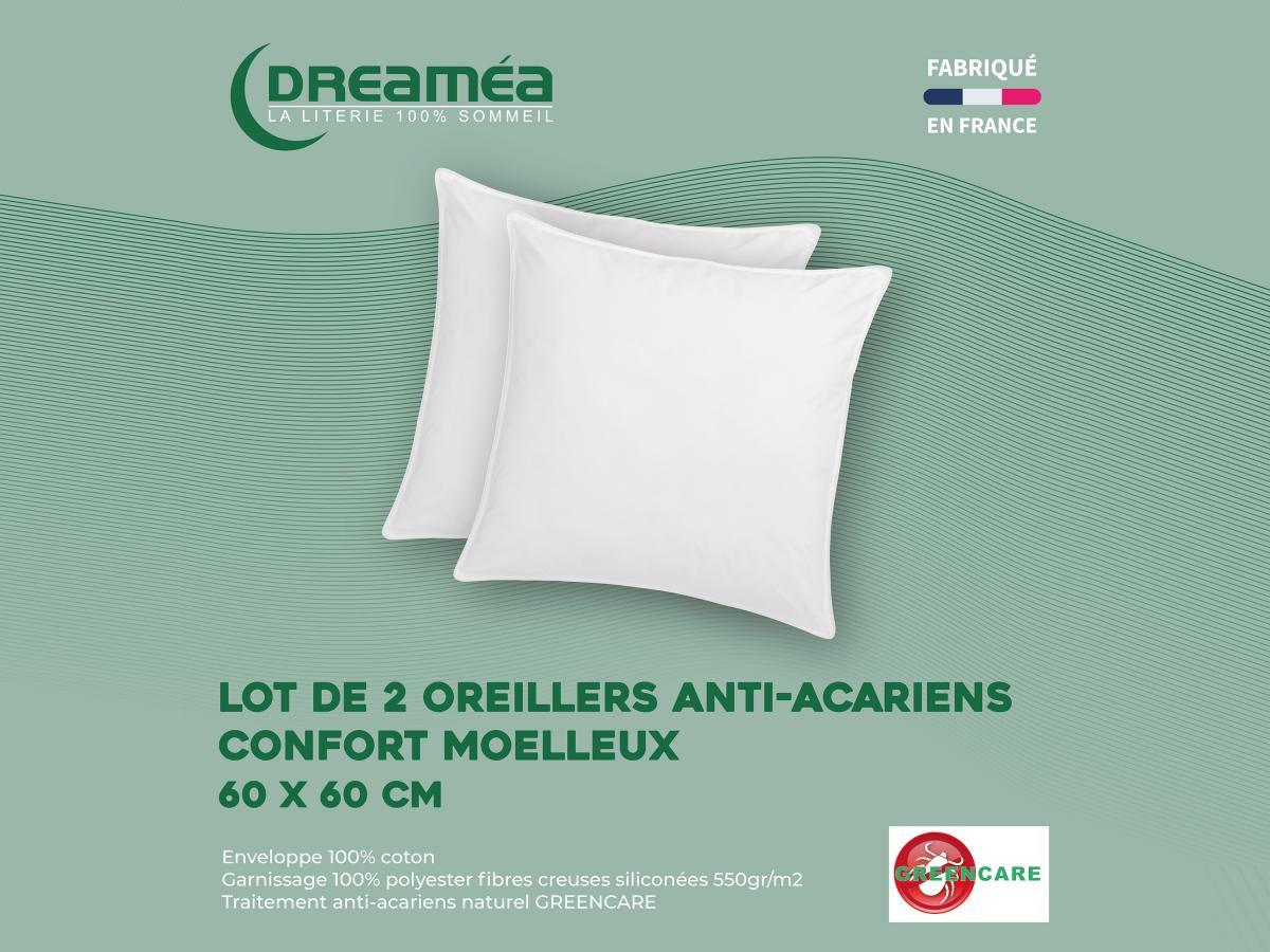 Vente-unique Lot de 2 oreillers traitement anti-acariens naturel Greencare - 60 x 60 cm - 550 gr - Blanc - coton - AZYLIA  