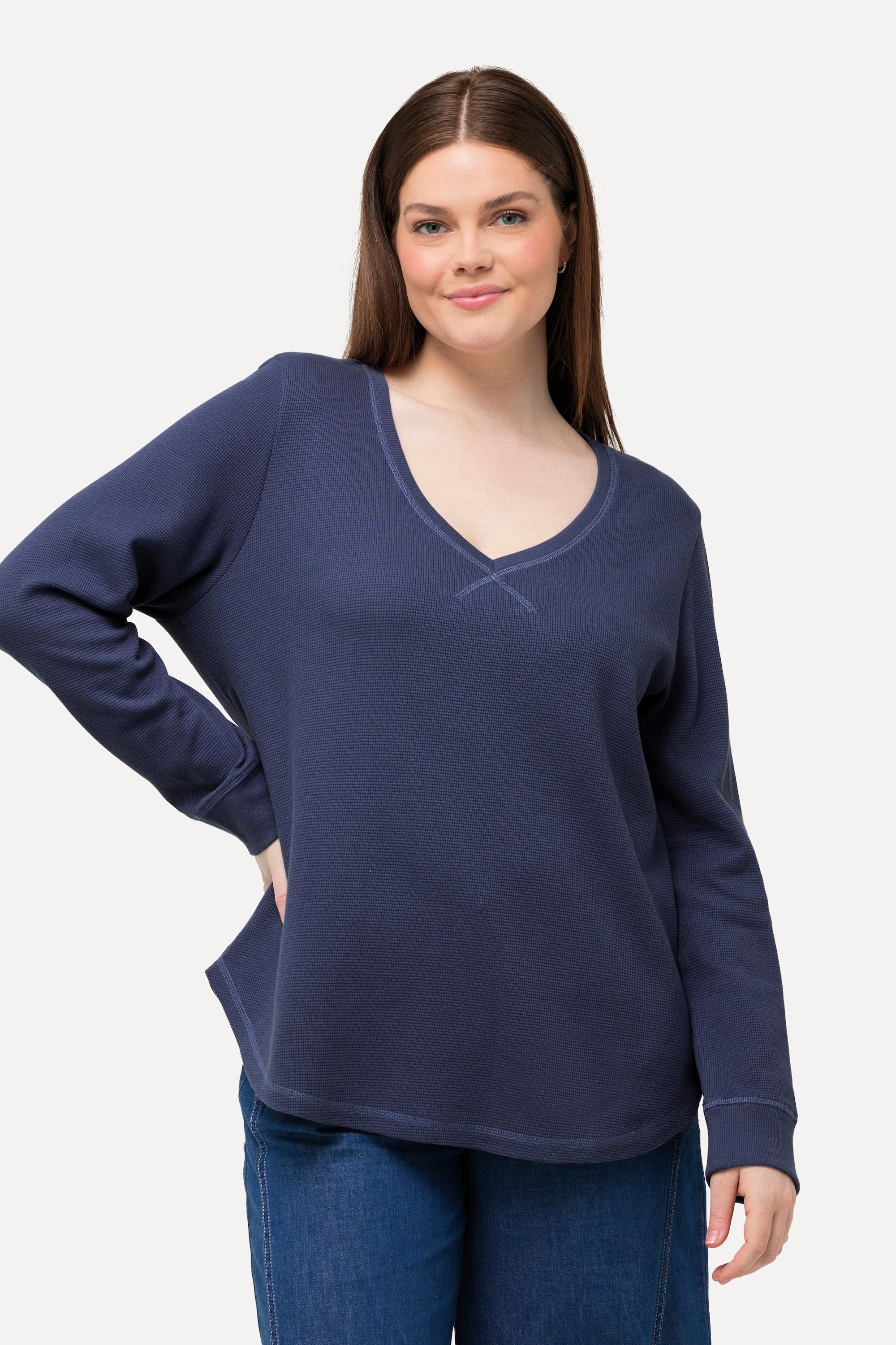 Ulla Popken  Sweat-shirt en molleton texturé, col en V et coton bio 