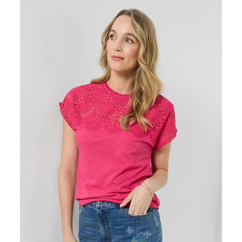 Jersey-T-Shirt mit Lochstickerei am Ausschnitt