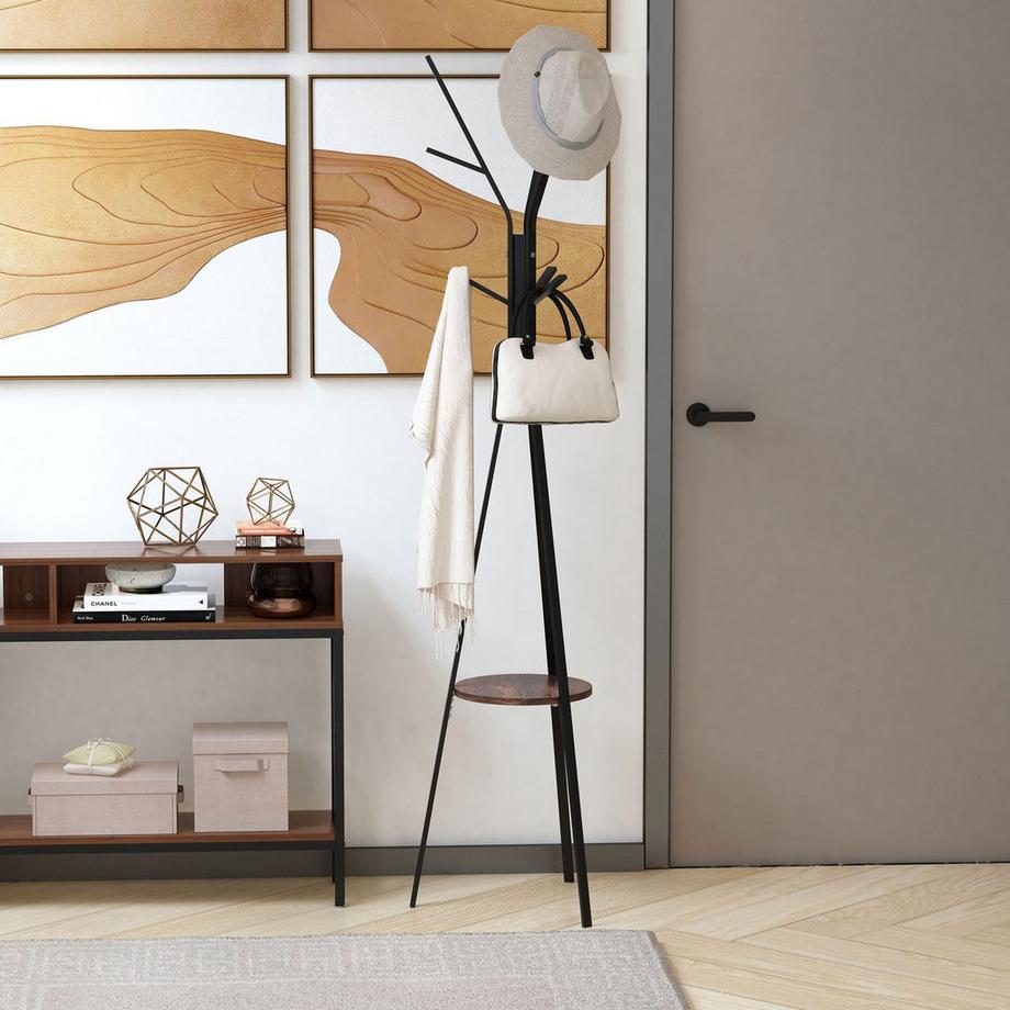 Northio Porte-manteau avec 8 crochets et étagère, porte-manteau sur pied pour vêtements, chapeaux, sacs, métal, marron, 45x45x180cm  