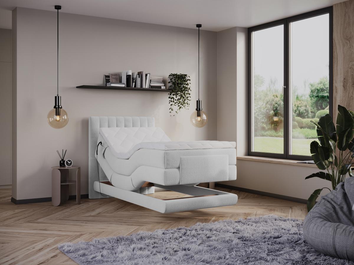 Vente-unique Boxspringbett mit vertikalen Ziernähten am Kopfteil + elektrischem Untergestell mit Relaxfunktion + Matratze + Topper - 100 x 200 cm - Samt - Hellgrau - DONISI von PALACIO  