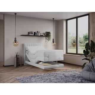 Vente-unique Boxspringbett mit vertikalen Ziernähten am Kopfteil + elektrischem Untergestell mit Relaxfunktion + Matratze + Topper - 100 x 200 cm - Samt - Hellgrau - DONISI von PALACIO  