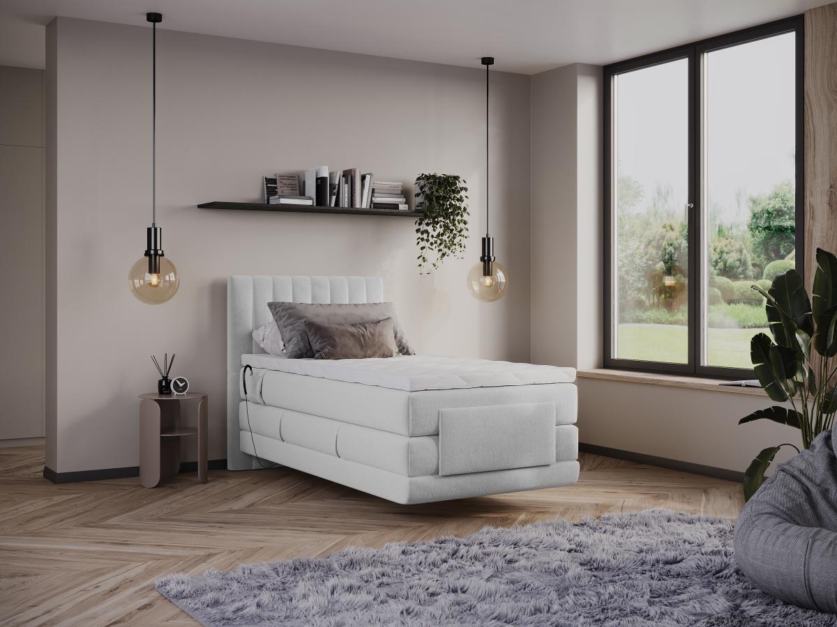 Vente-unique Boxspringbett mit vertikalen Ziernähten am Kopfteil + elektrischem Untergestell mit Relaxfunktion + Matratze + Topper - 100 x 200 cm - Samt - Hellgrau - DONISI von PALACIO  