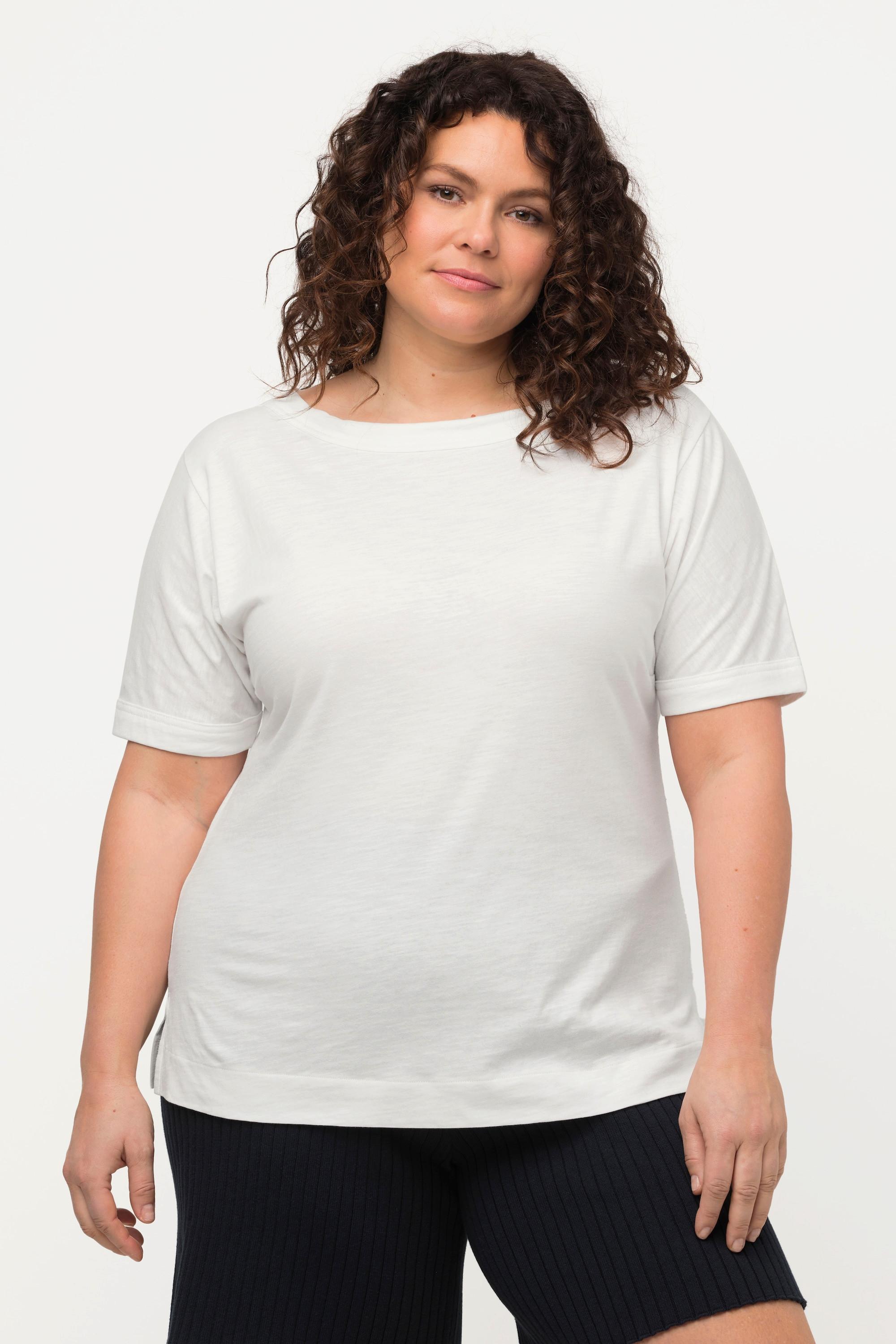 Ulla Popken  T-shirt dal taglio oversize in cotone biologico con scollo a girocollo e mezze maniche 