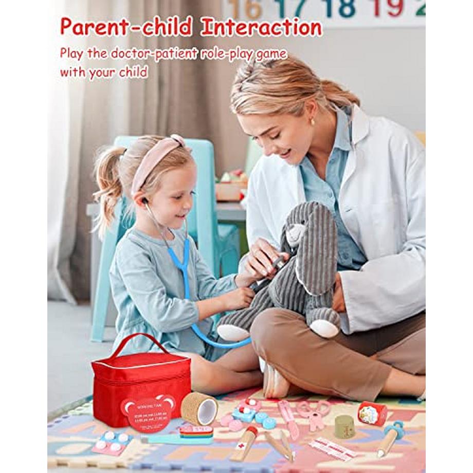 Activity-board  Arztkoffer Kinder Holzspielset mit echtem Stethoskop, Arztkoffer Kinder, Arztkittel Doktorspielset Rollenspielset Geschenke für Kinder 