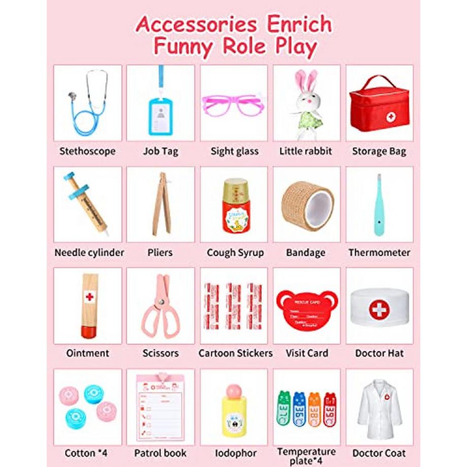 Activity-board  Arztkoffer Kinder Holzspielset mit echtem Stethoskop, Arztkoffer Kinder, Arztkittel Doktorspielset Rollenspielset Geschenke für Kinder 