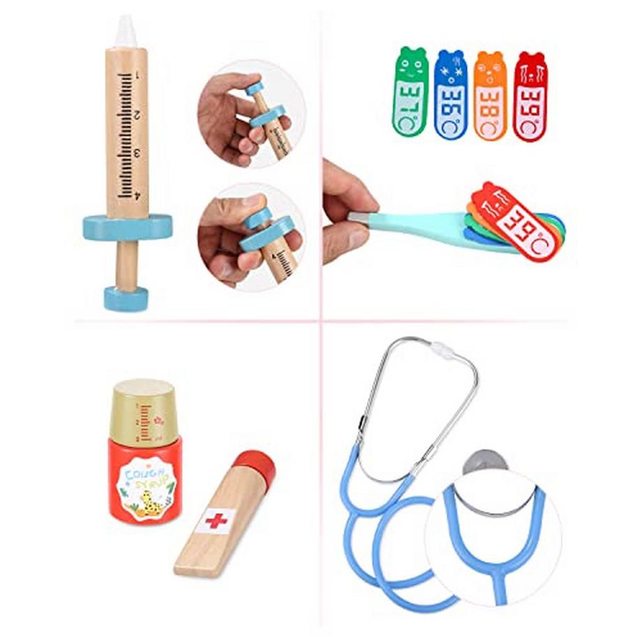 Activity-board  Arztkoffer Kinder Holzspielset mit echtem Stethoskop, Arztkoffer Kinder, Arztkittel Doktorspielset Rollenspielset Geschenke für Kinder 