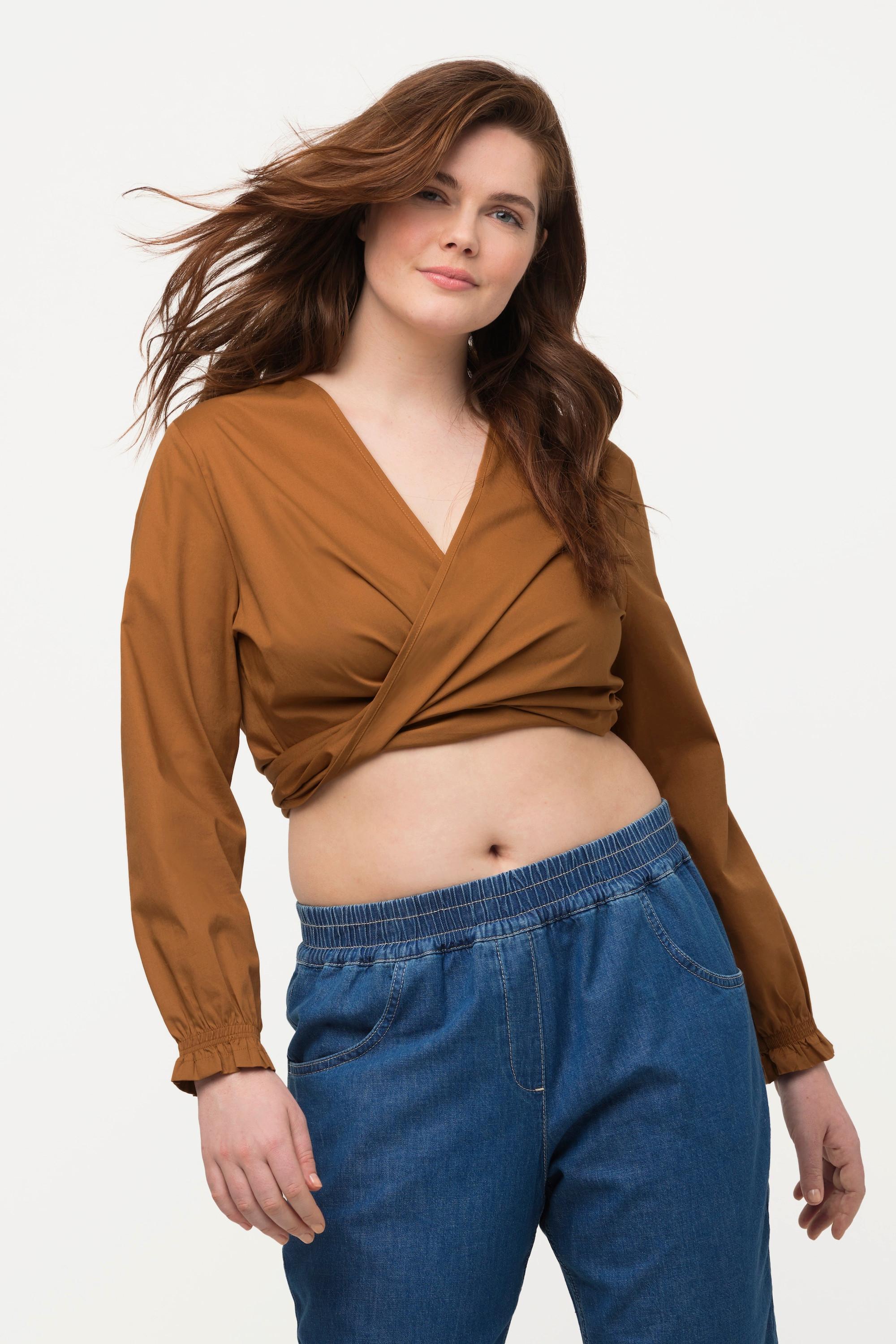 Ulla Popken Blusa Corta Incrociata Scollo V Maniche Lunghe Cotone Biologico  